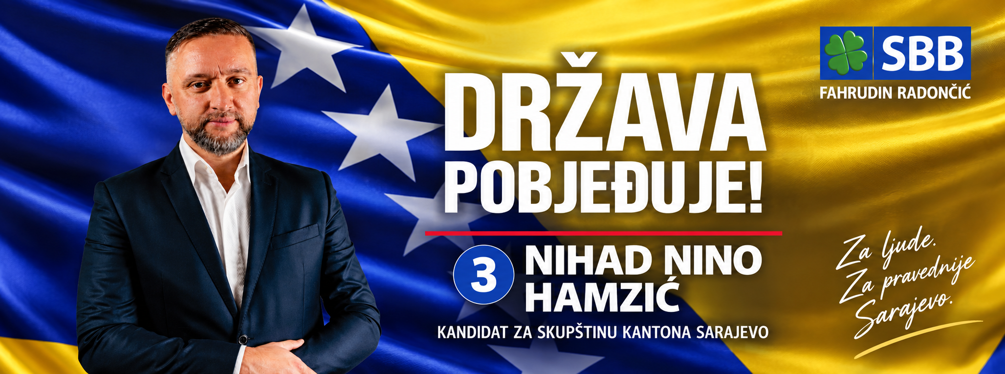 Kampanjski banner Nihada Nina Hamzića, kandidata SBB-a za Skupštinu Kantona Sarajevo, redni broj 3.